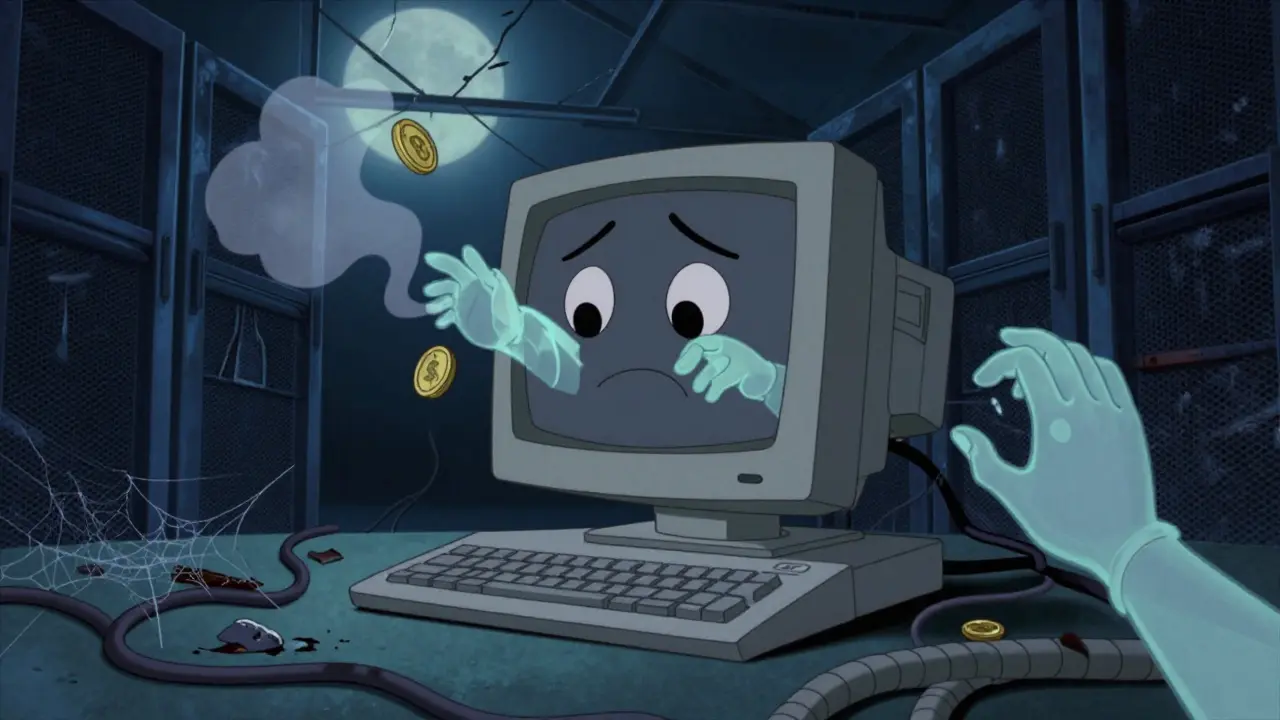 Sad computer monitor in a dusty server room with ghostly hands reaching for coins