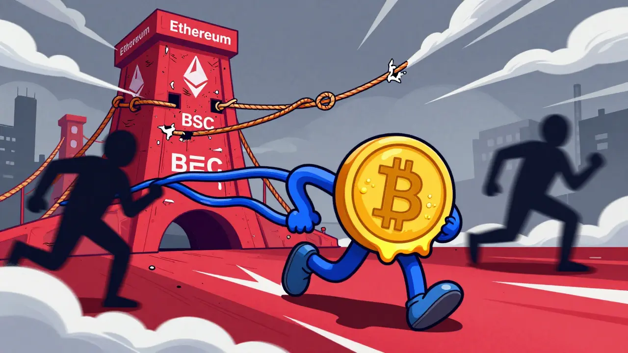 Sad crypto token being chased by shadows and tangled ropes in a chaotic scene.