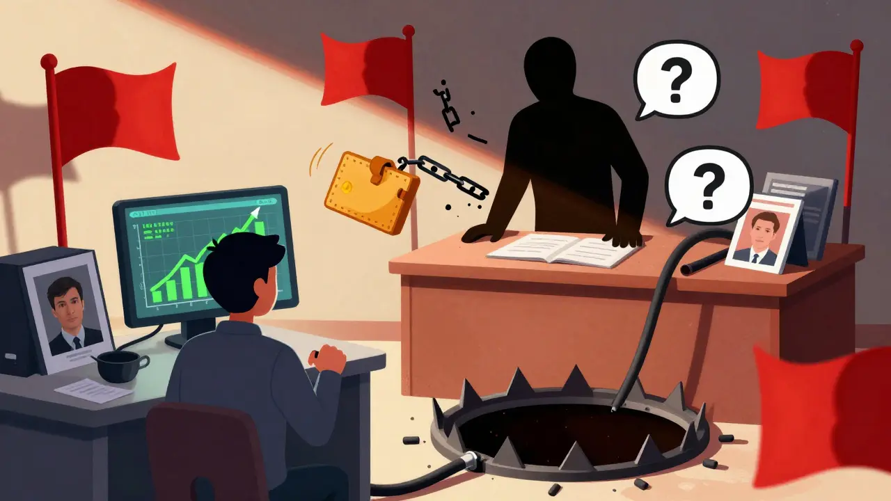 Shadowy figure behind desk as victim falls into trap with green numbers