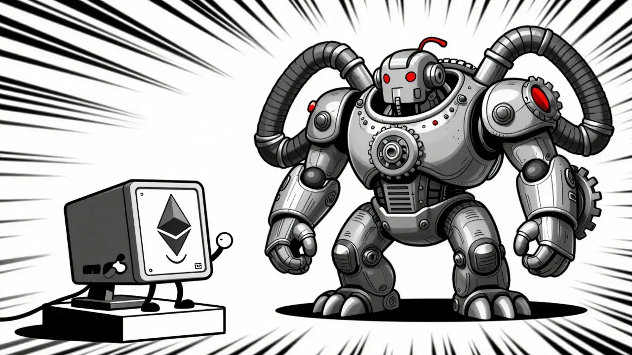 Small PC vs giant mechanical beast illustrating hardware requirements difference