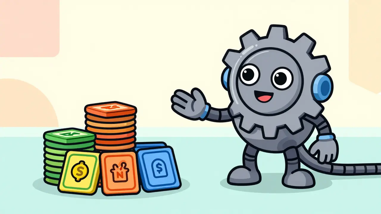 Smiling mechanical robot managing colorful NFT tokens in a playful digital space.