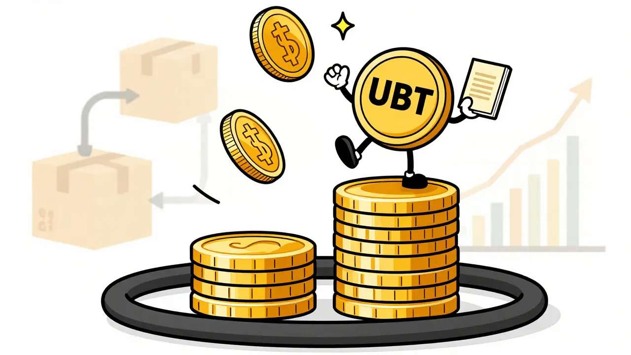 Smiling UBT token dancing on a coin stack representing digital asset utility and fees.