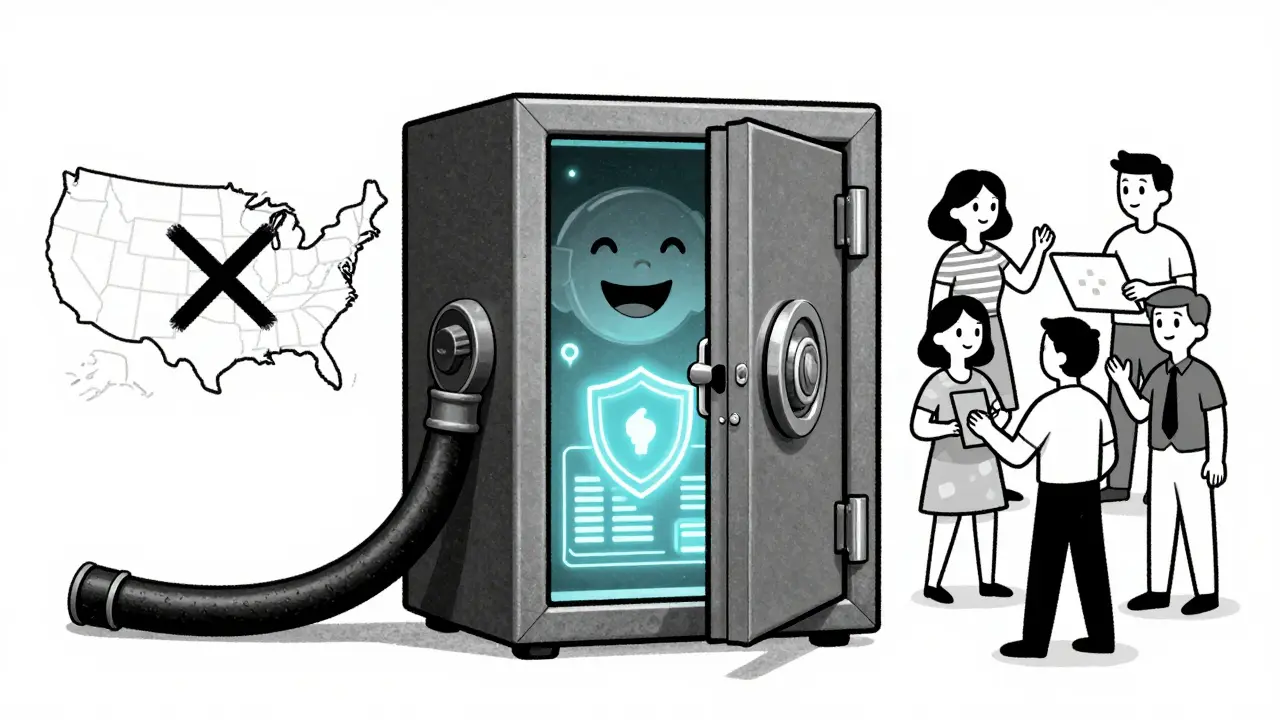 Smiling vault safe and world map showing US restriction in 1930s animation style