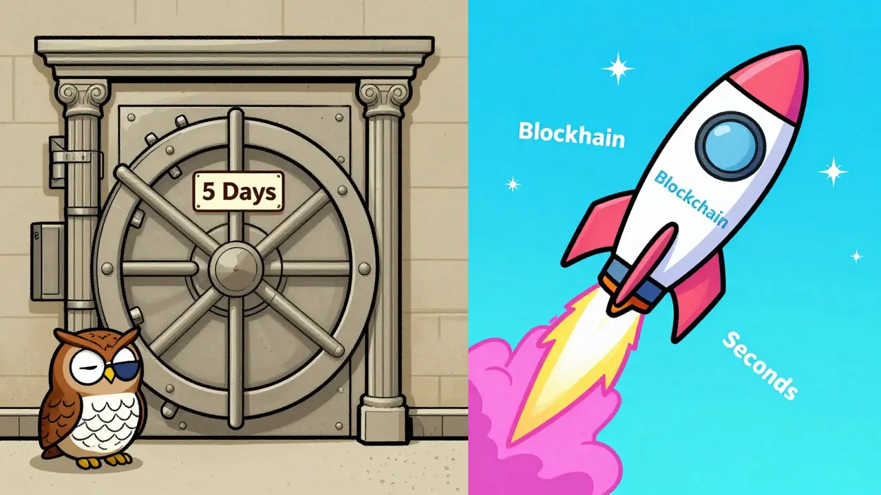 Split screen showing slow bank vault vs fast blockchain rocket in rubber hose art.