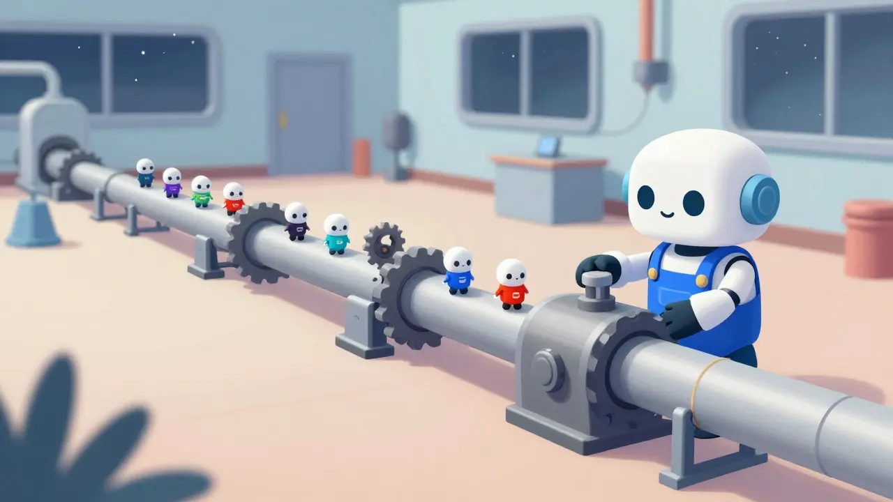 Streamlined cartoon assembly line showing efficient token processing