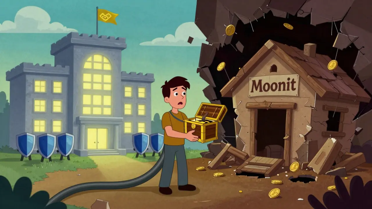 Sturdy building vs crumbling shack illustrating safe vs unsafe crypto