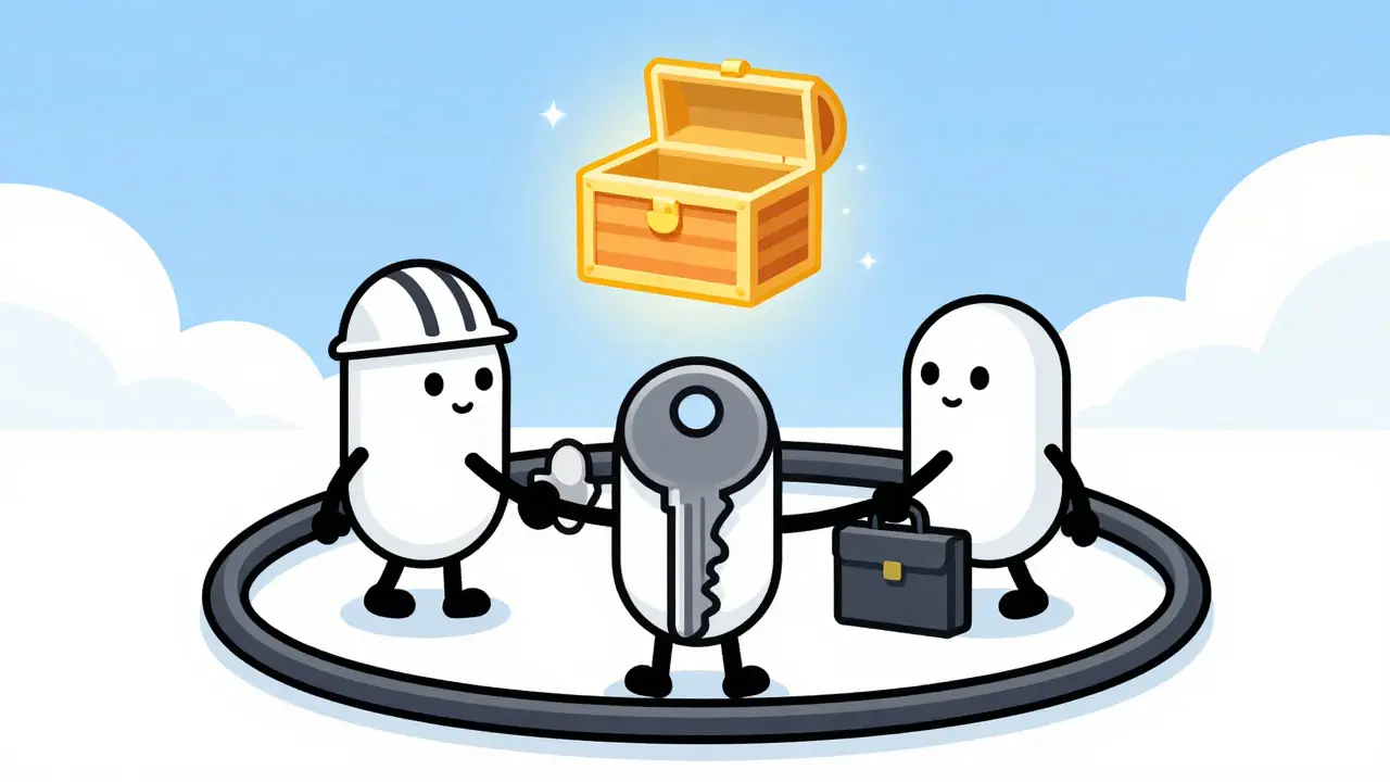 Three animated keys forming a protective circle around a treasure chest in rubber hose style.