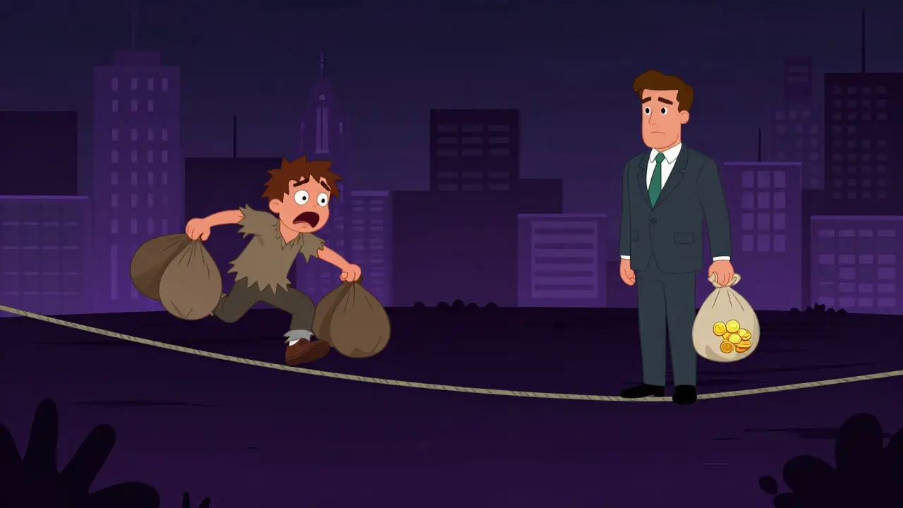 Two cartoon figures on a tightrope showing panic versus calm in trading.