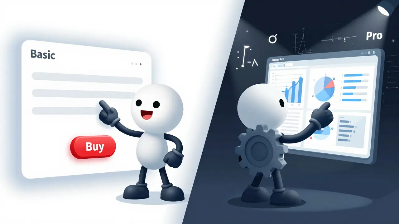 Two cartoon users comparing basic and pro trading interfaces