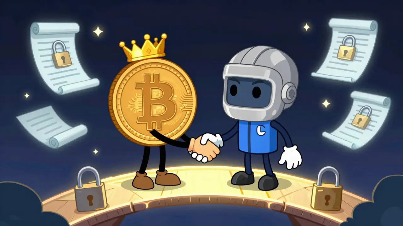 Two crypto coins shaking hands over a blockchain bridge, illustrating trustless atomic swaps in rubber hose art.