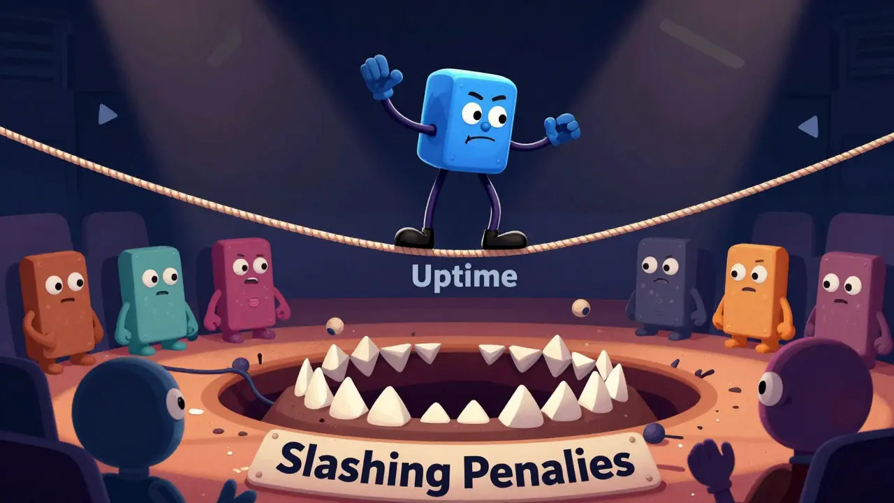 Validator character balancing on tightrope over slashing penalty pit