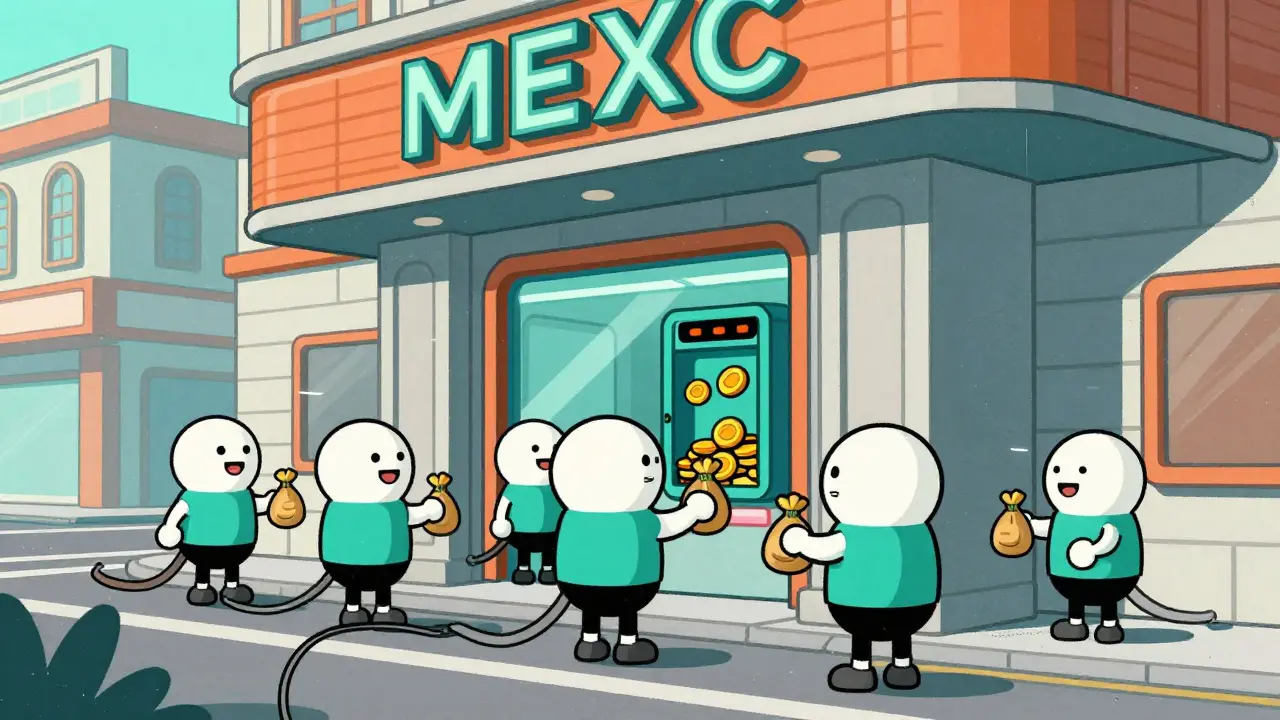 Vintage animated characters receiving crypto rewards at an exchange building