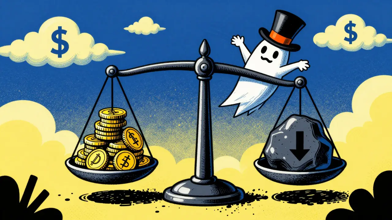 Vintage animation style balance scale tipped by a ghostly arbitrage bot.