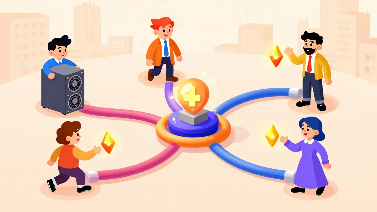 Vintage animation style peers sharing GPU power via elastic connecting lines.