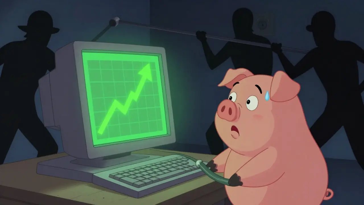 Vintage animation style scene showing an investor tricked by fake profits on a screen manipulated by shadowy villains.