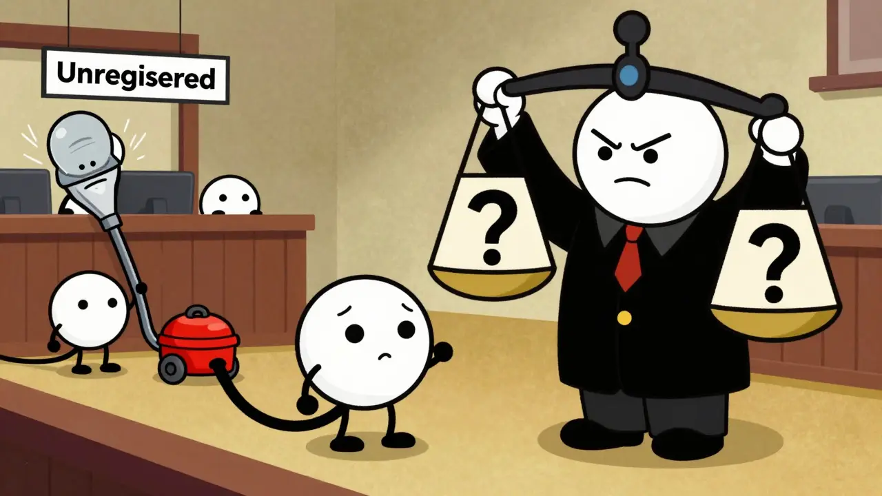 Vintage cartoon token on trial before a scale judge, illustrating the Howey Test.