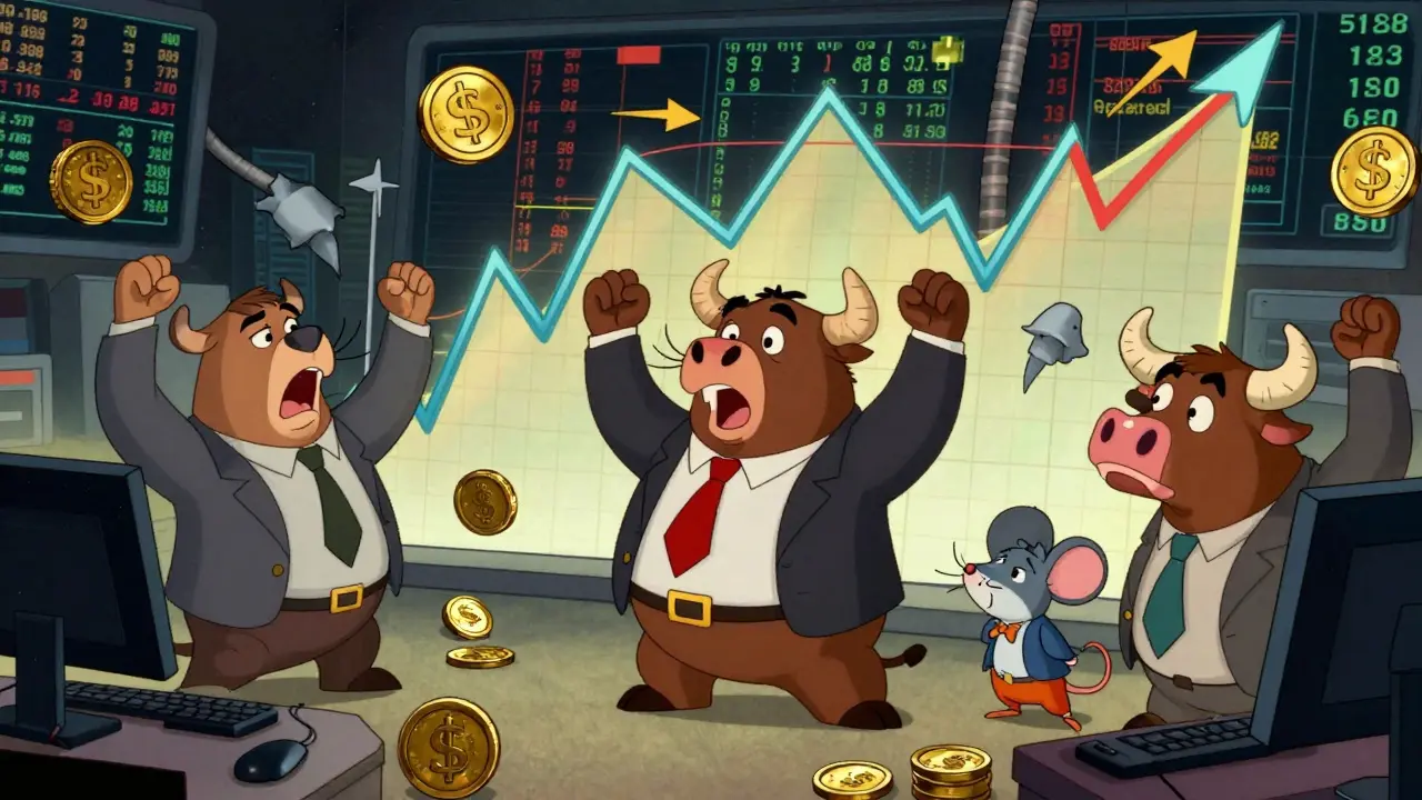 Animals in suits reacting to a wild stock chart in rubber hose animation style.