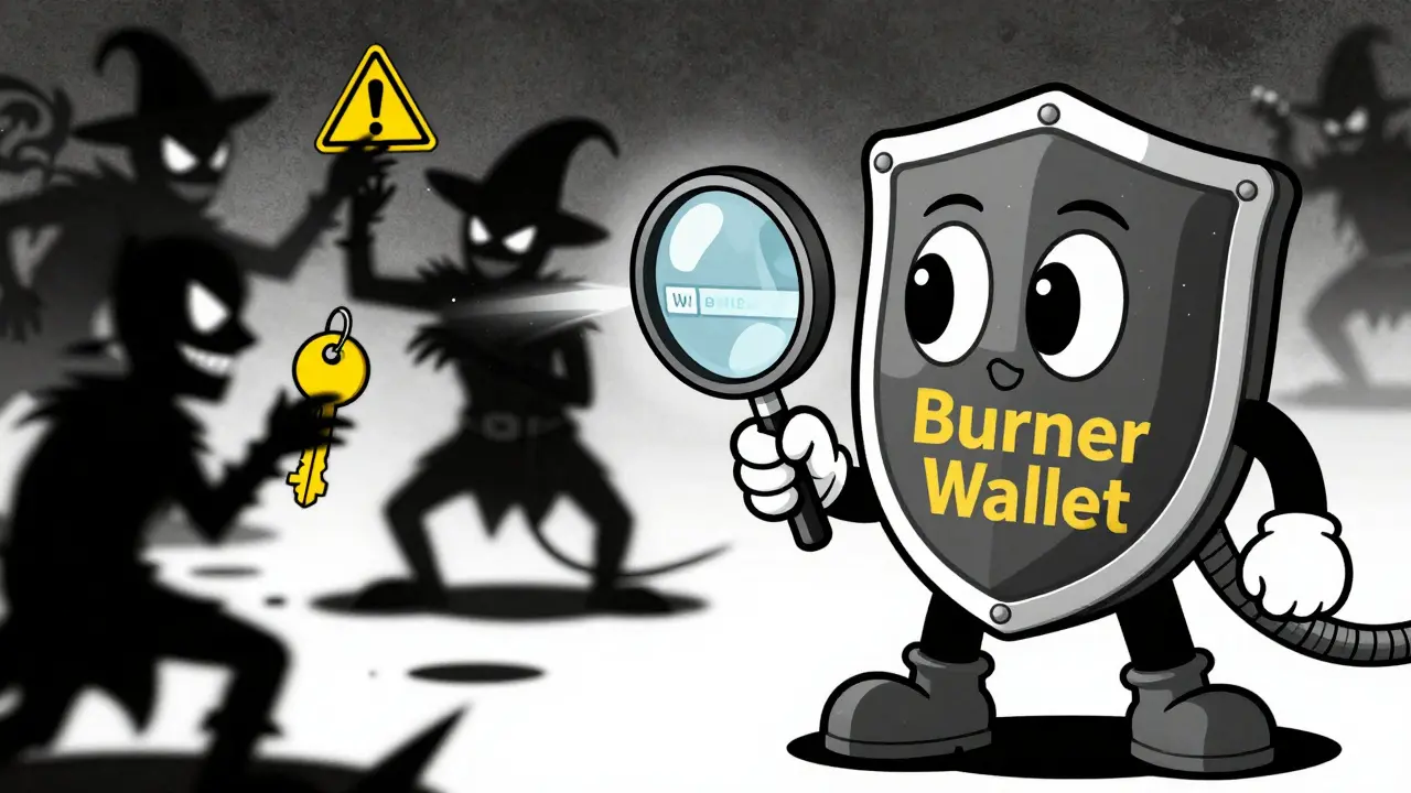 Animated character using a burner wallet shield and magnifying glass for security