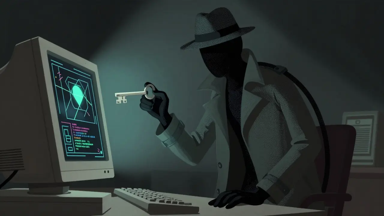 Anonymous figure behind a coded screen showing hidden risks