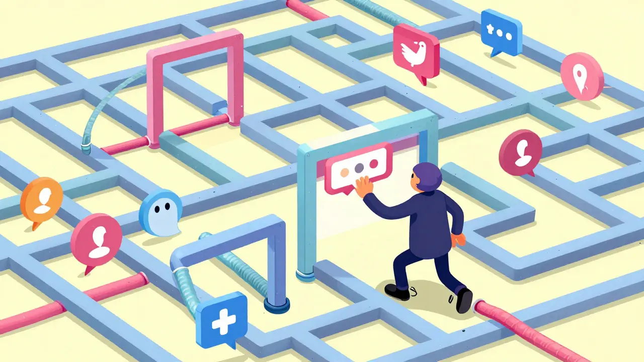 Cartoon character navigating social media obstacles in rubber hose animation style