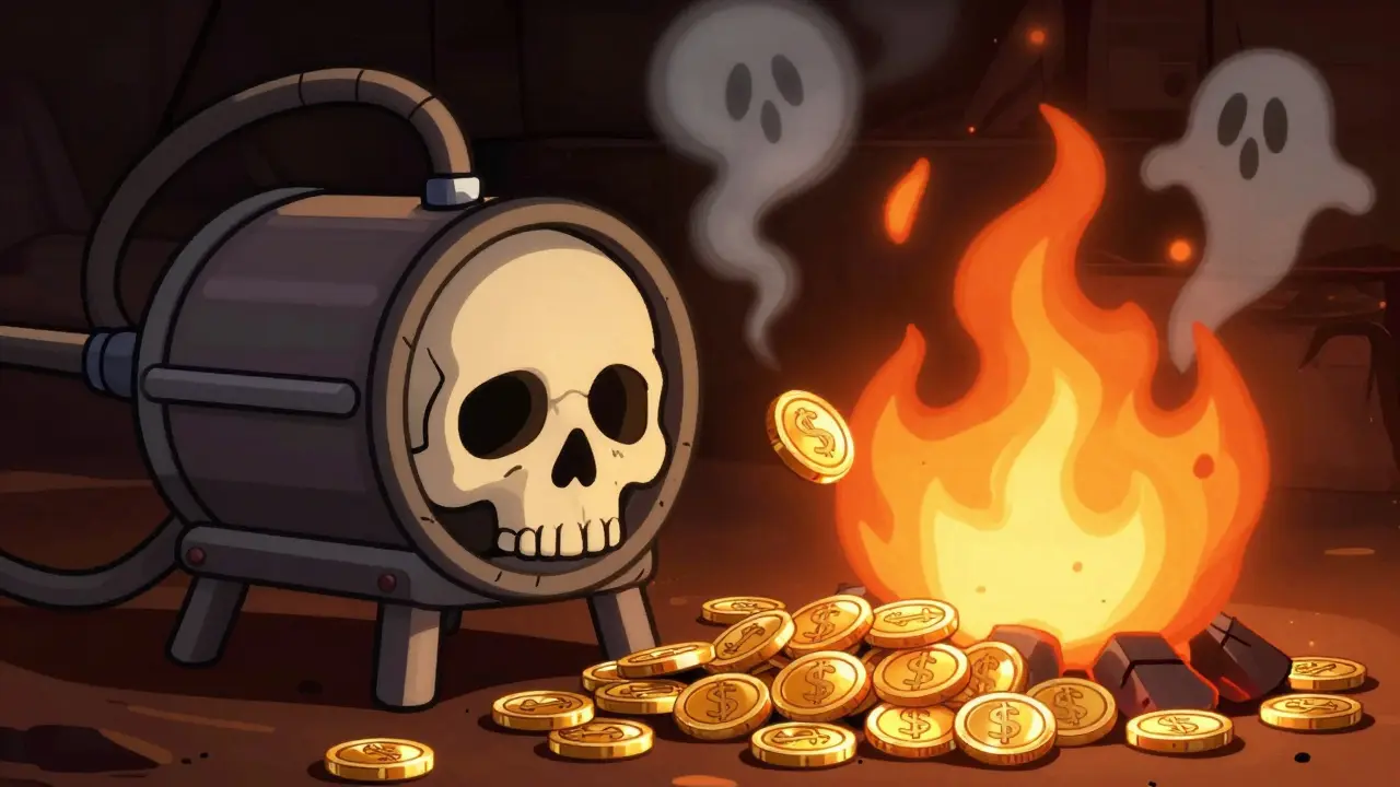 Cartoon coins burning in a furnace, representing token deflation in vintage style.