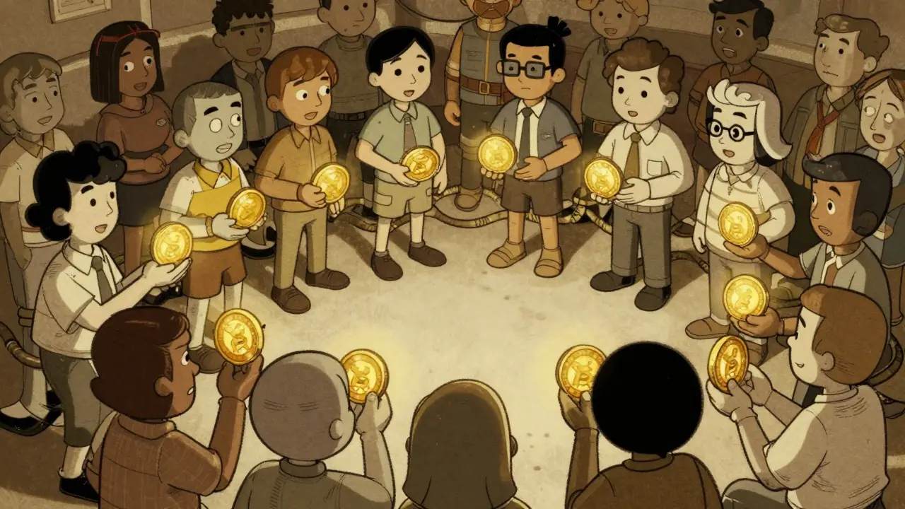 Cartoon crowd of diverse characters holding golden coins in a decentralized circle.