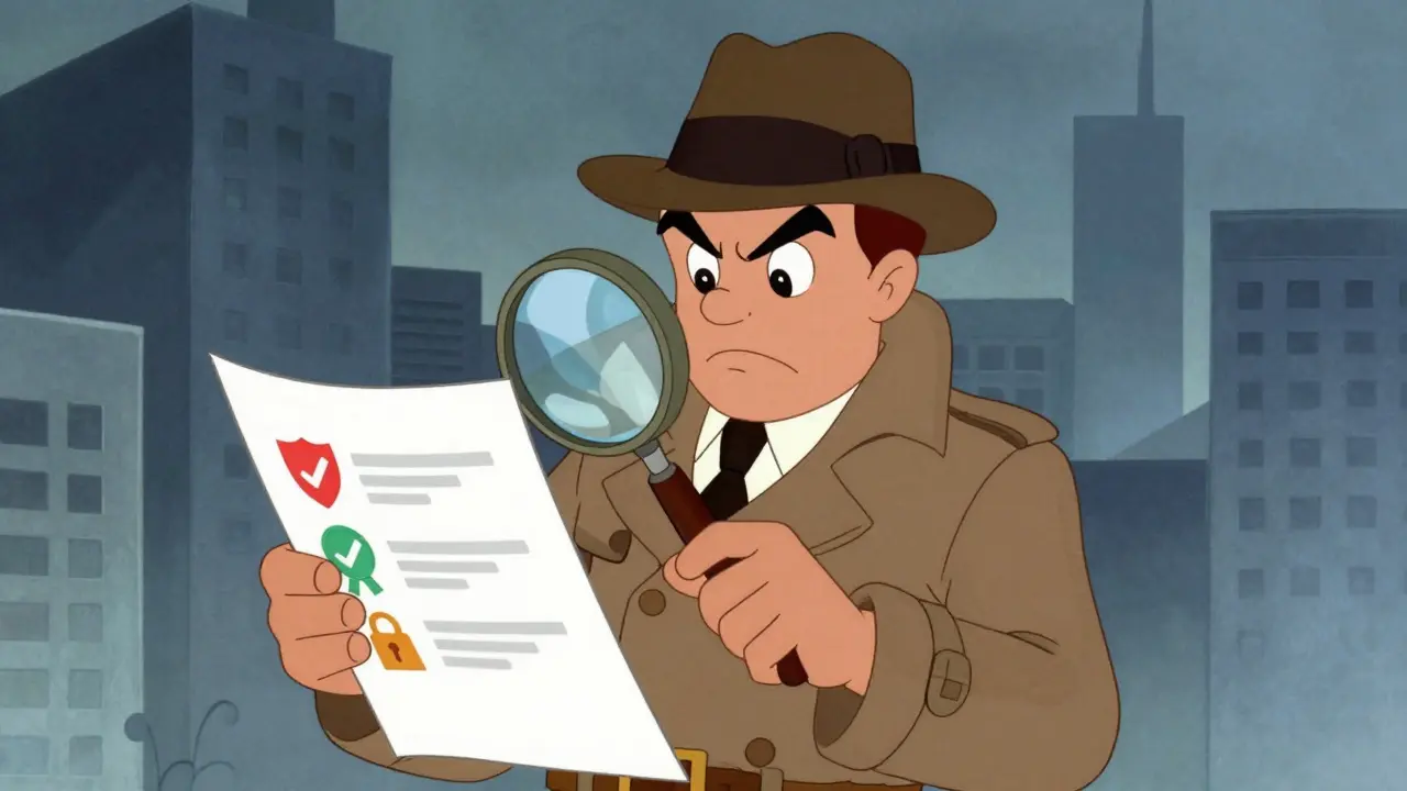 Cartoon detective checking a security verification list with a magnifying glass.