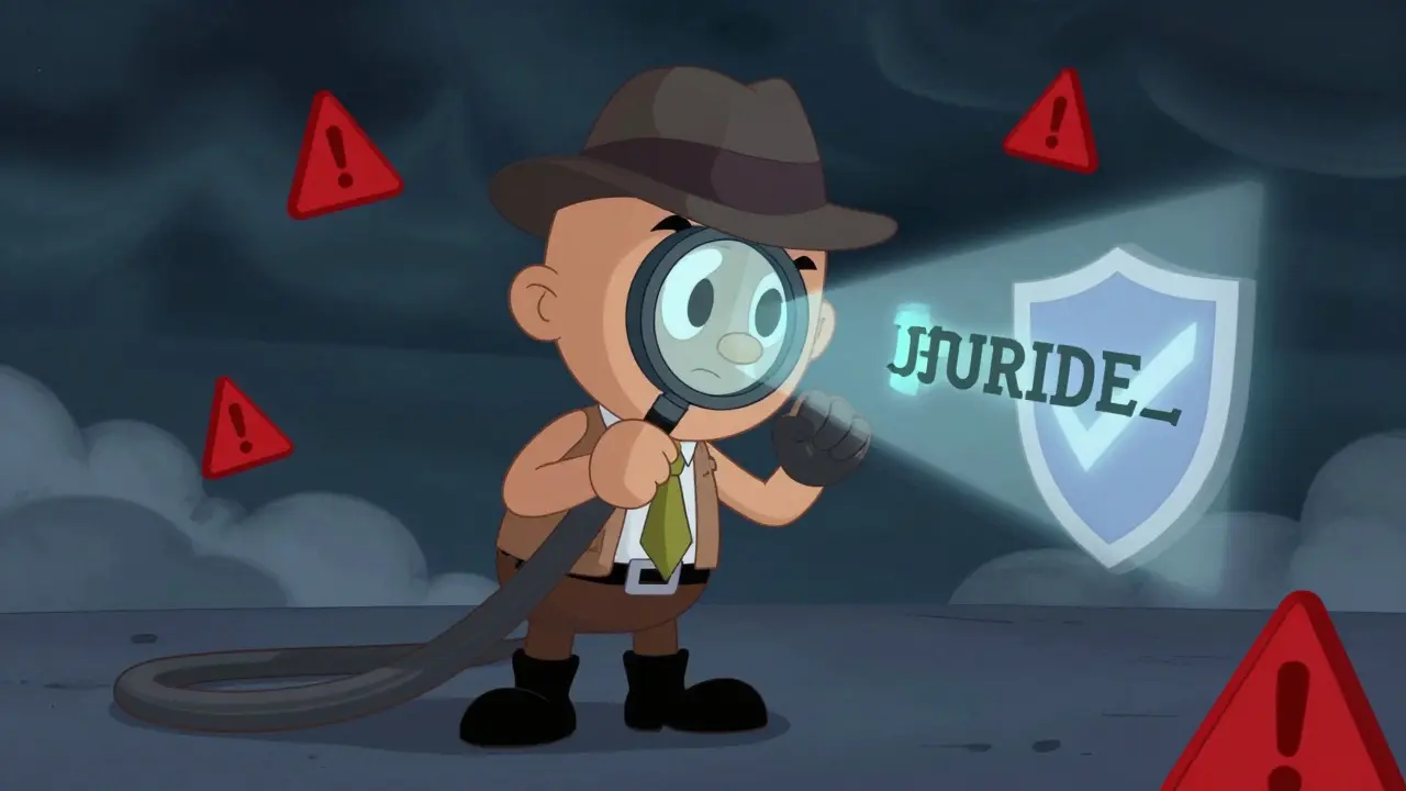 Cartoon detective checking for online scams