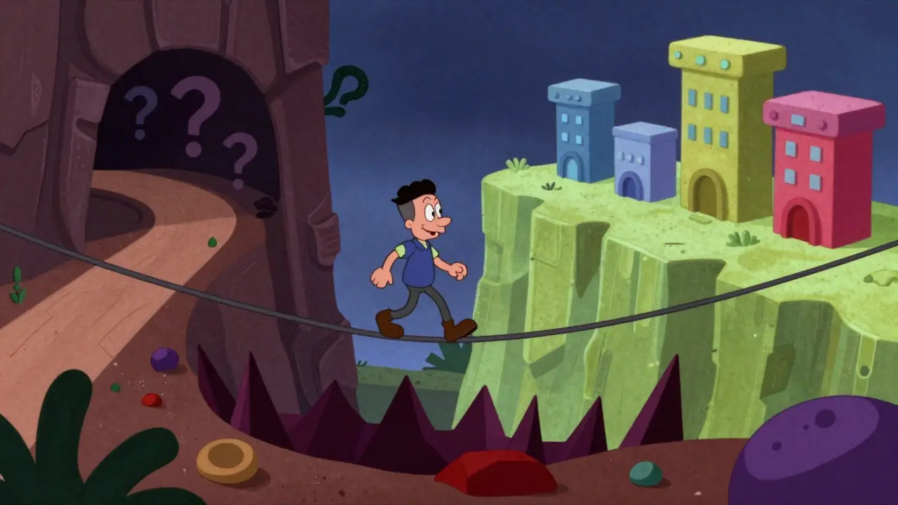 Cartoon figure choosing between a risky scam path and safe blockchain bridges