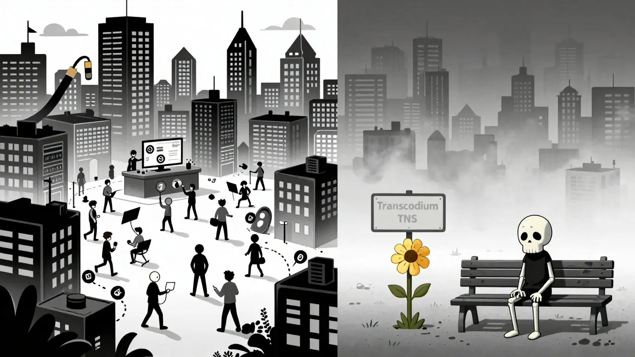 Cartoon ghost town showing abandoned TNS project vs active rivals