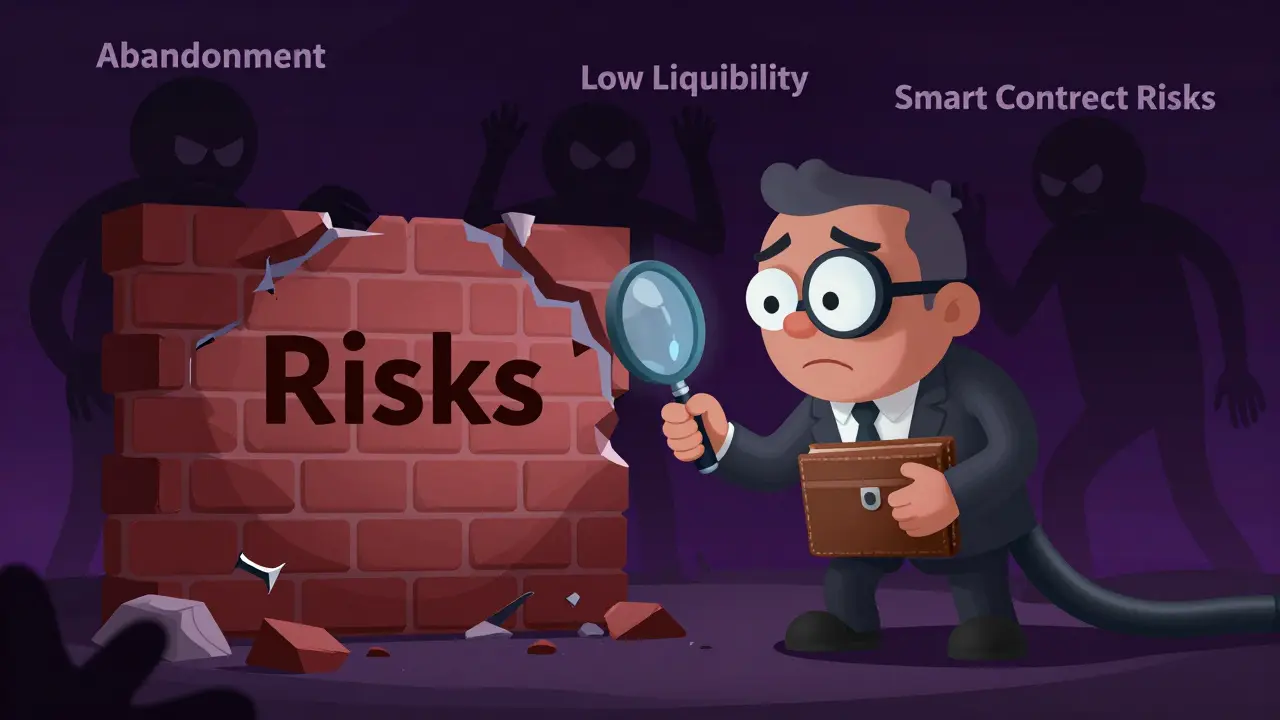 Cartoon investor inspecting risks behind crumbling wall with shadows
