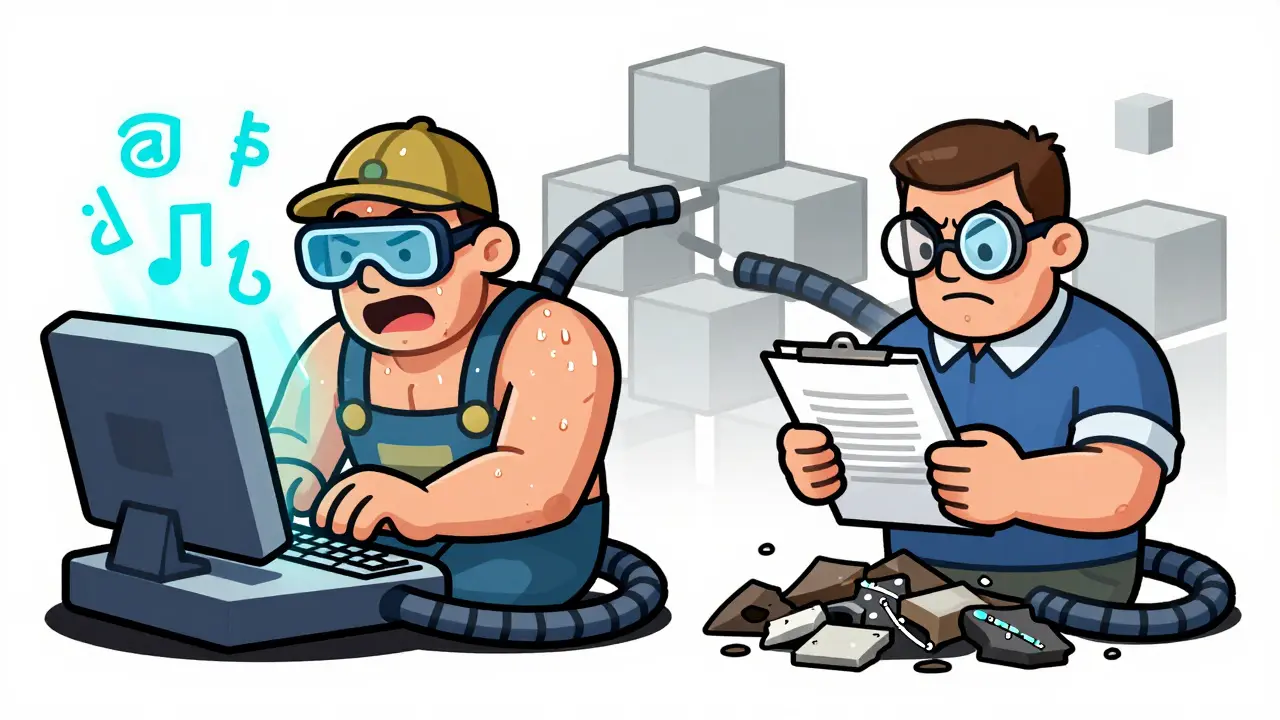 Cartoon miner and validator characters interacting with retro computers and blockchain blocks.