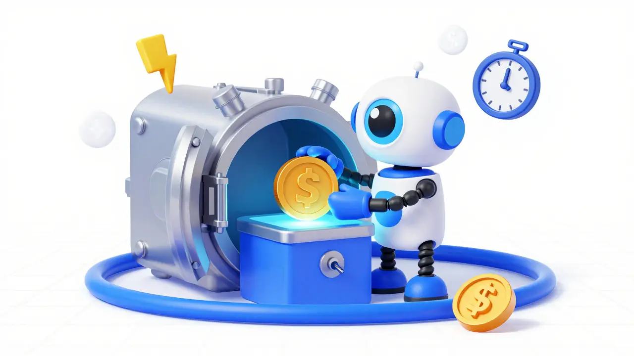 Cartoon robot securing Solana in a vault with risk symbols around it