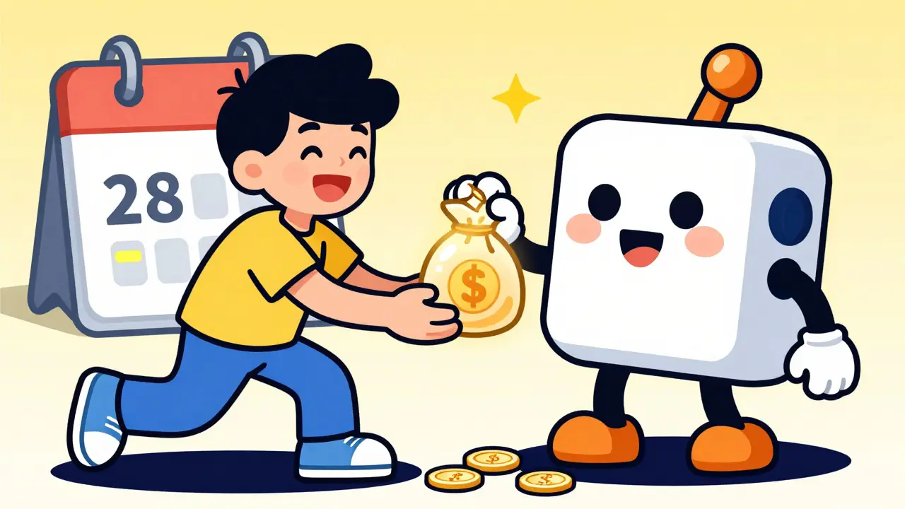 Cartoon user depositing funds with a friendly Cake DeFi robot for rewards