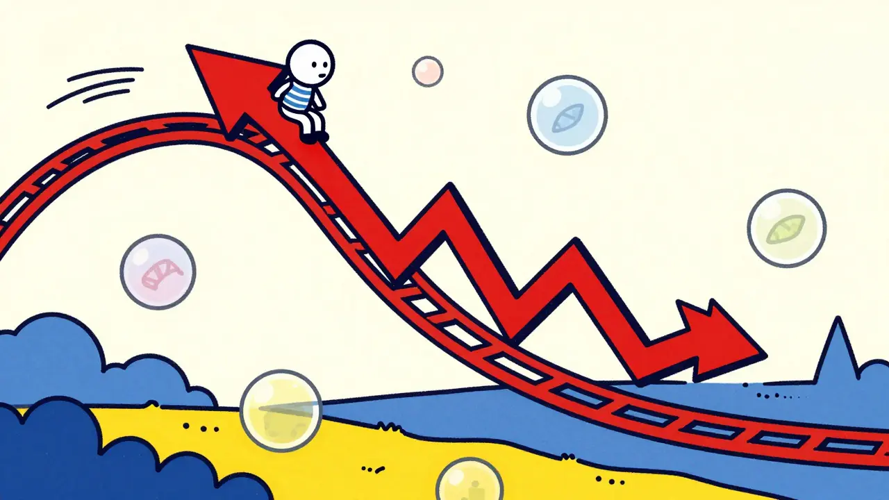Character on a steep rollercoaster representing market volatility