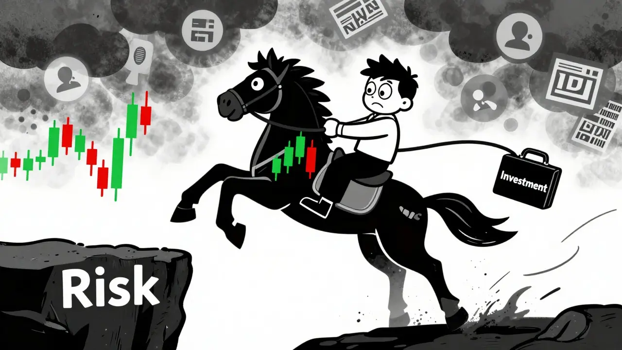Character riding volatile chart horse in retro animation style