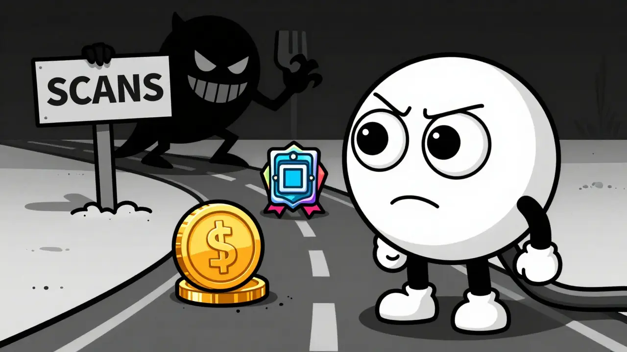 Confused cartoon character choosing between coins and badges