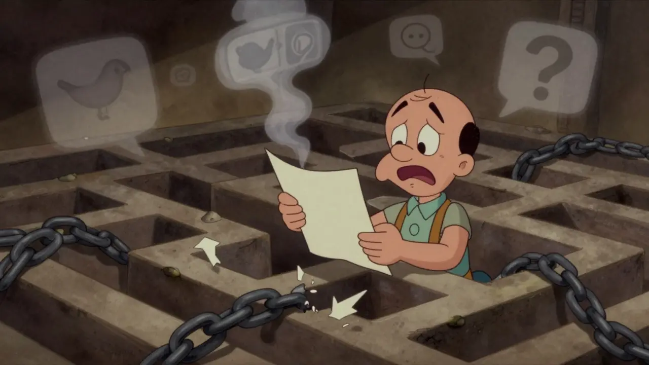 Confused cartoon figure amidst fading social icons, representing the vanished Lunar project.