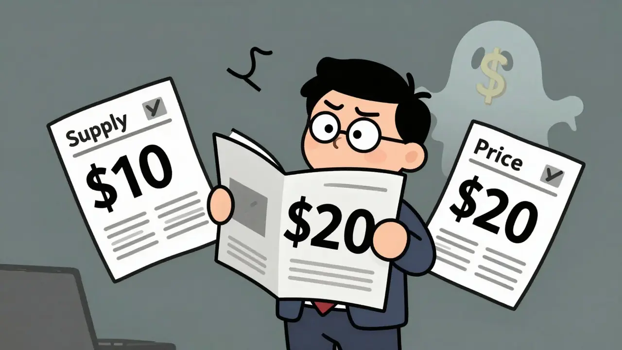 Confused cartoon investor looking at conflicting price reports with a fading token in background.