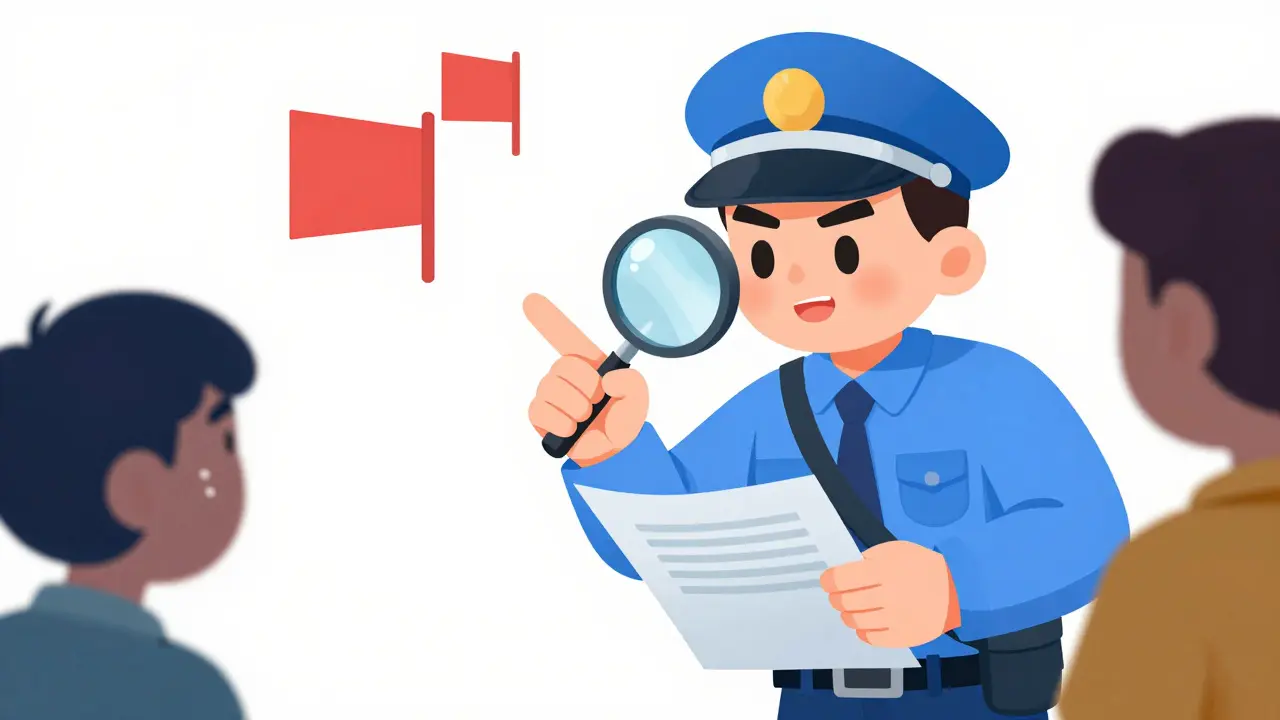Detective inspecting documents for red flags in a vintage cartoon style