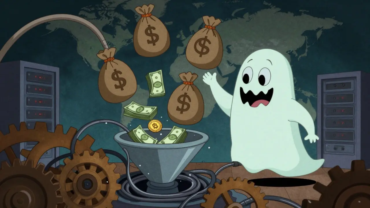Ghostly character juggling crypto bags turning into cash, illustrating money laundering.