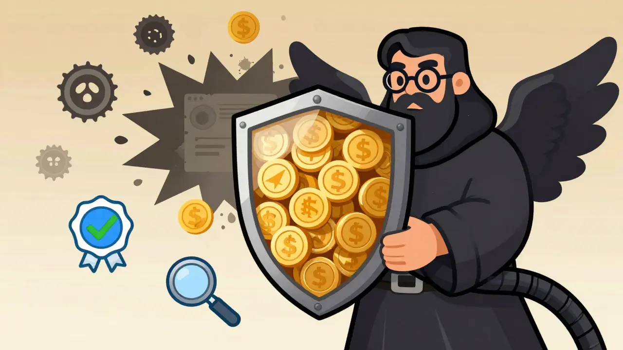 Guardian character holding a shield against crypto scams and traps