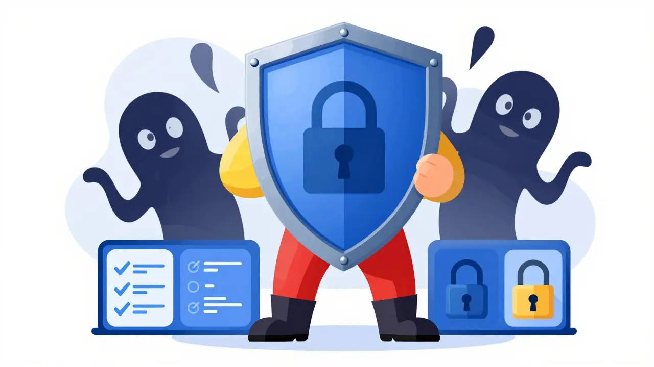 Heroic cartoon figure holding a shield against dark shadows, representing business security.