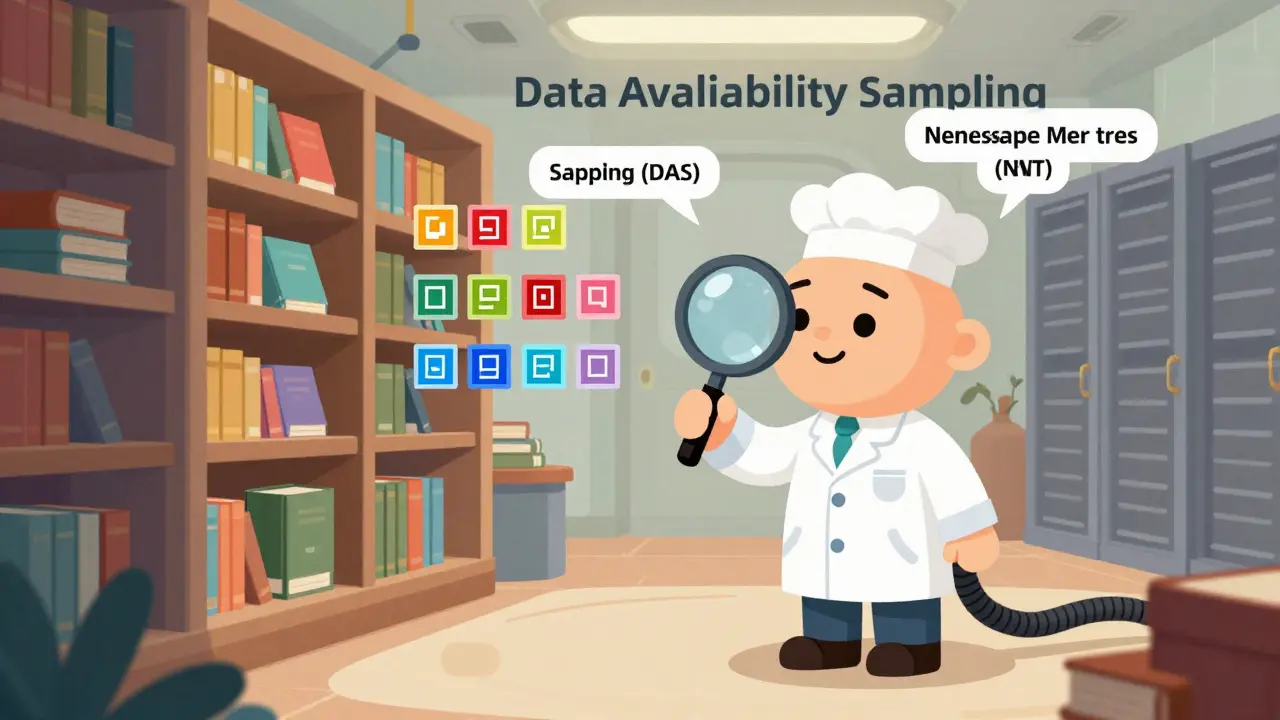 Librarian checking data samples, representing efficient Data Availability Sampling