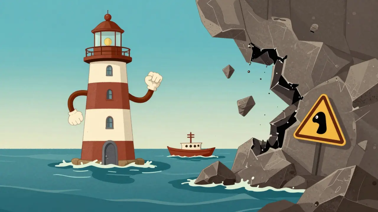 Lighthouse vs rocky reef metaphor for safe vs scam crypto platforms