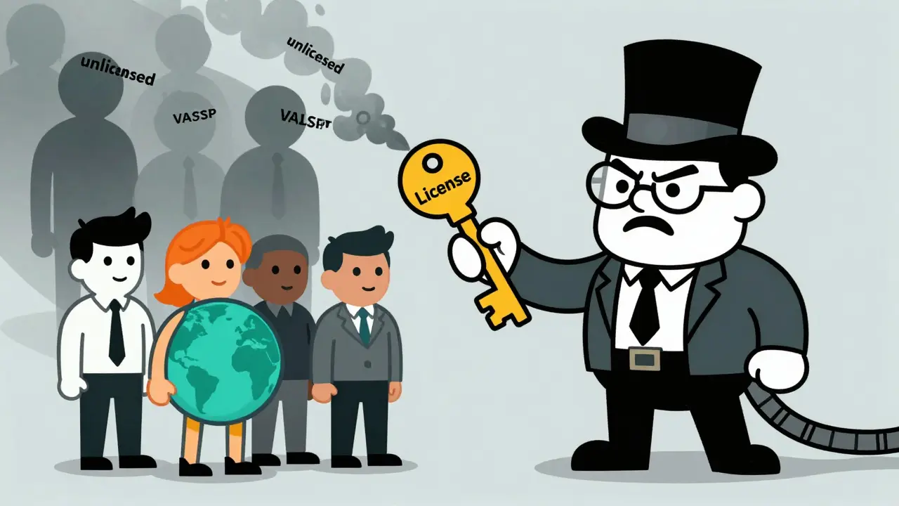 Regulator handing license key to crypto businesses in cartoon style