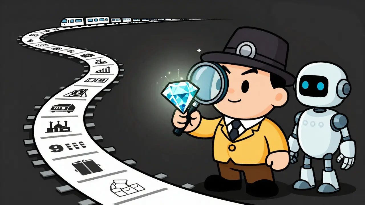 Rubber hose style detective verifying a diamond's authenticity on a blockchain.