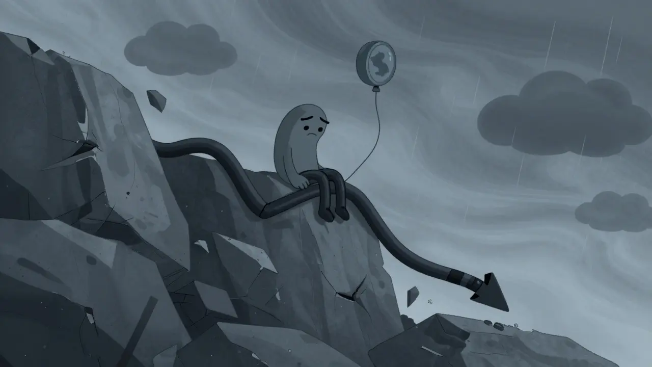 Sad cartoon character sitting on a crumbling rock formation under stormy skies