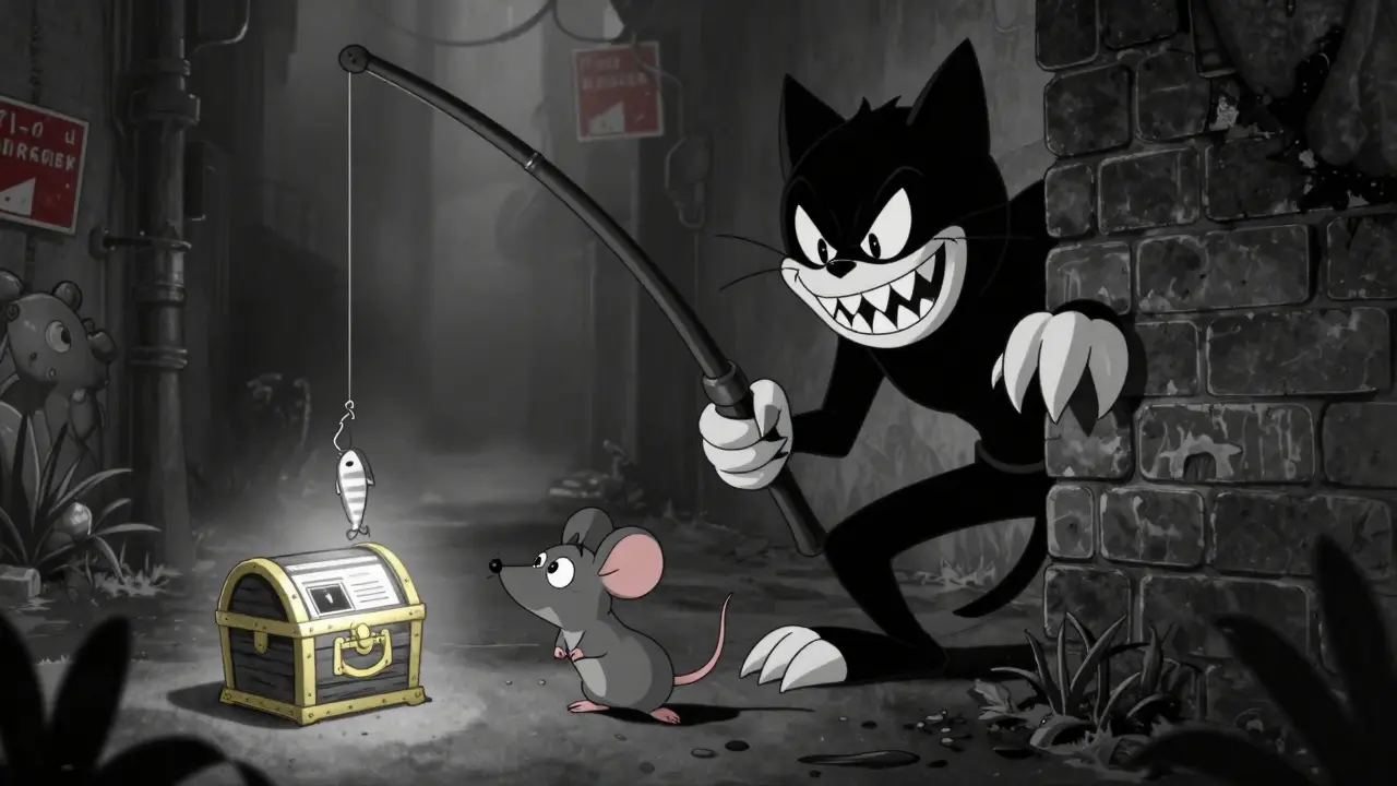 Sinister cartoon cat luring a mouse with a fake crypto website in rubber hose style