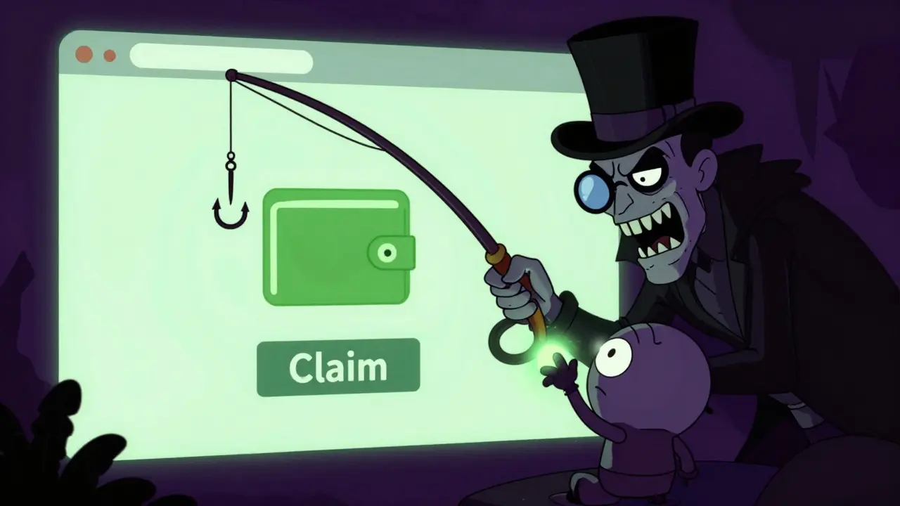 Sinister cartoon scammer luring a user with a fake airdrop website hook.